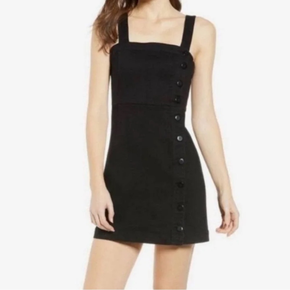 Ten Sixty Sherman Side Button Square Neck Black Denim Mini Dress